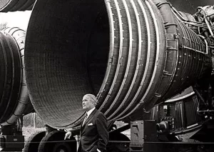 Wehrner von Braun with Rocket Engine